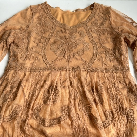 Orange Creek lined lace embroidered scalloped hem boho hippie dress tan/orange - Picture 15 of 16